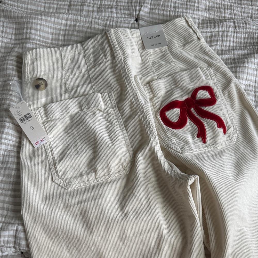Maeve Cream Corduroy Pants with Red Bow Accent